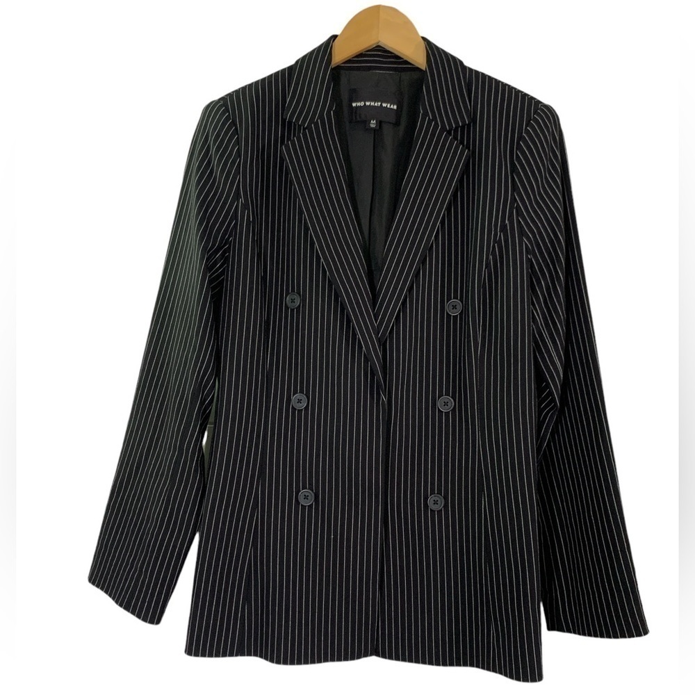 WHO What Wear Double Breasted PinStripe Black Boyfriend Blazer Work Wear Jacket